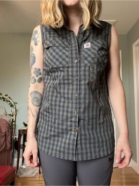 Carhartt Blue and Green Plaid Sleeveless Work Shirt